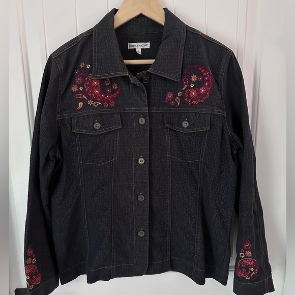 REBECCA MALONE embossed denim with embroidered sleeves and shoulder Sz L - Picture 1 of 12